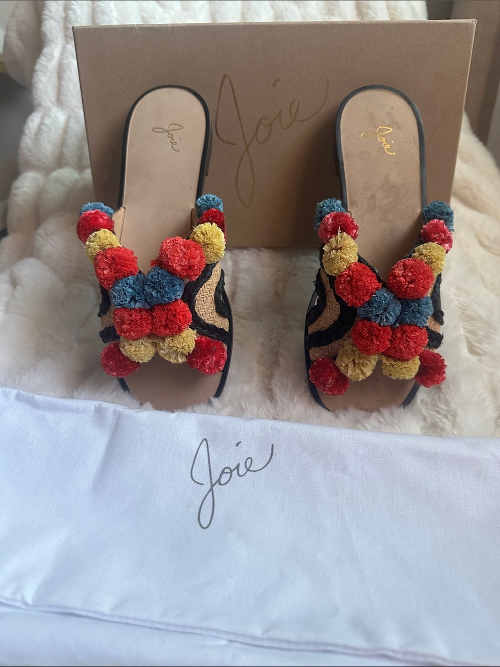 Joie Pom-Pom Slide Sandals in Red, Yellow, Blue